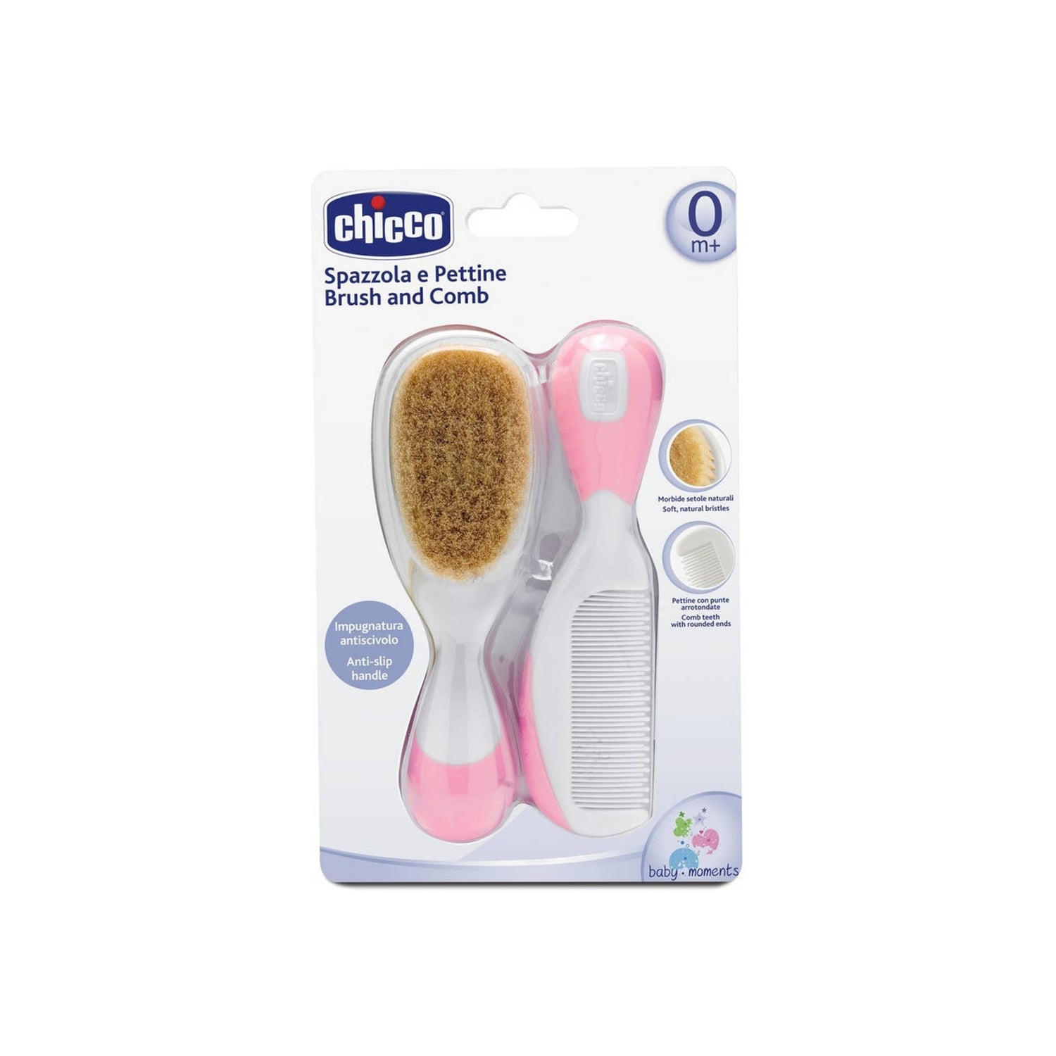 Chicco Pack Cepillo y Peine de Pelo Natural Rosa 0m+