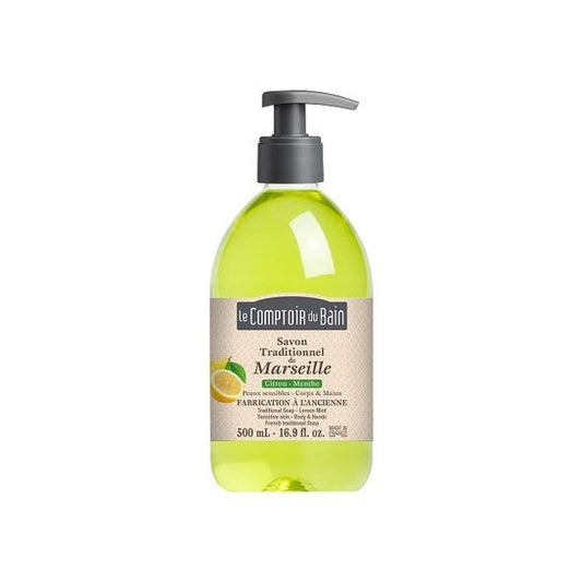 LE COMPTOIR DU BAIN Jabón de Marsella tradicional Jabón de limón y menta Frasco de 500 ml