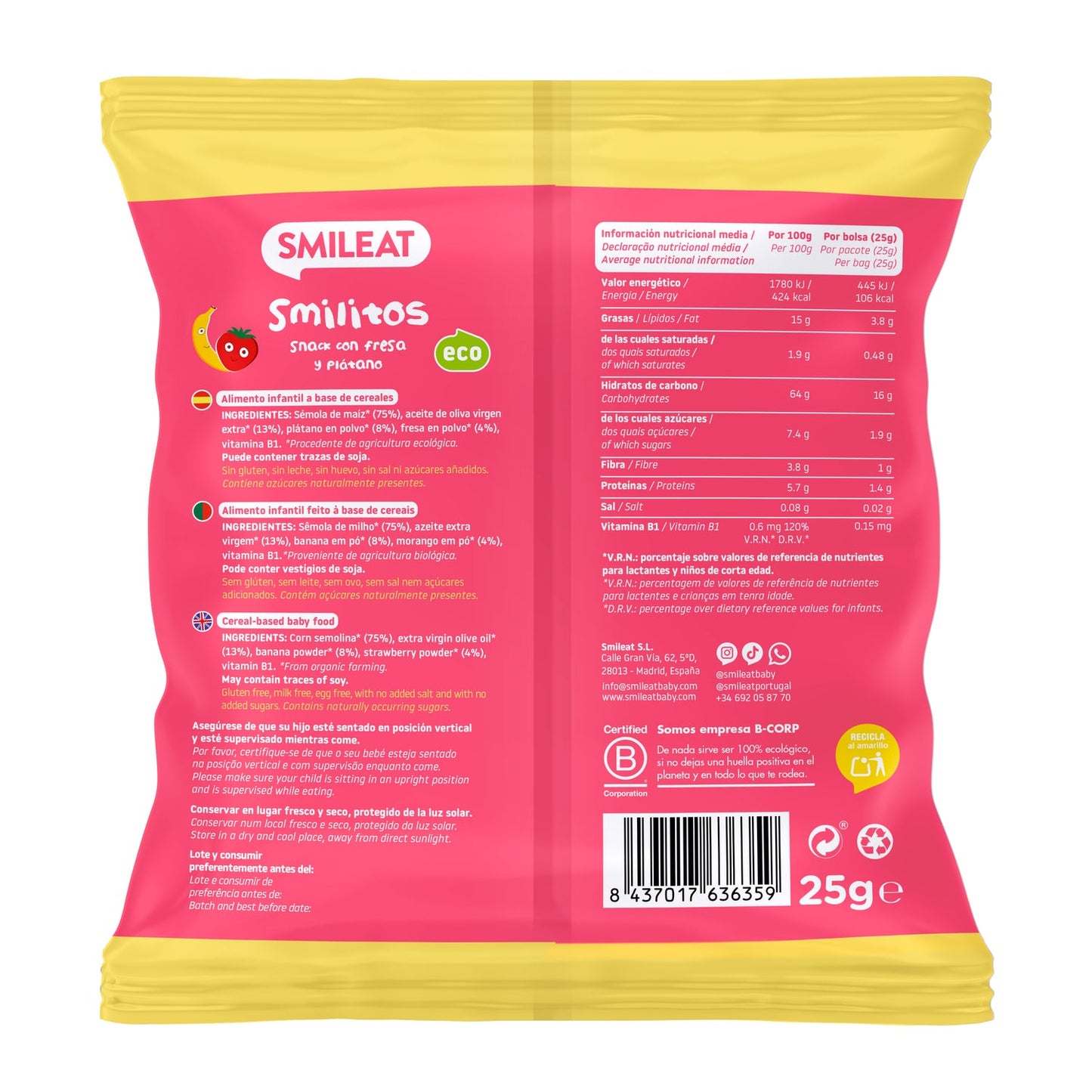 Smileat Smilitos Gusanitos Ecológicos de Fresa y Plátano 25g