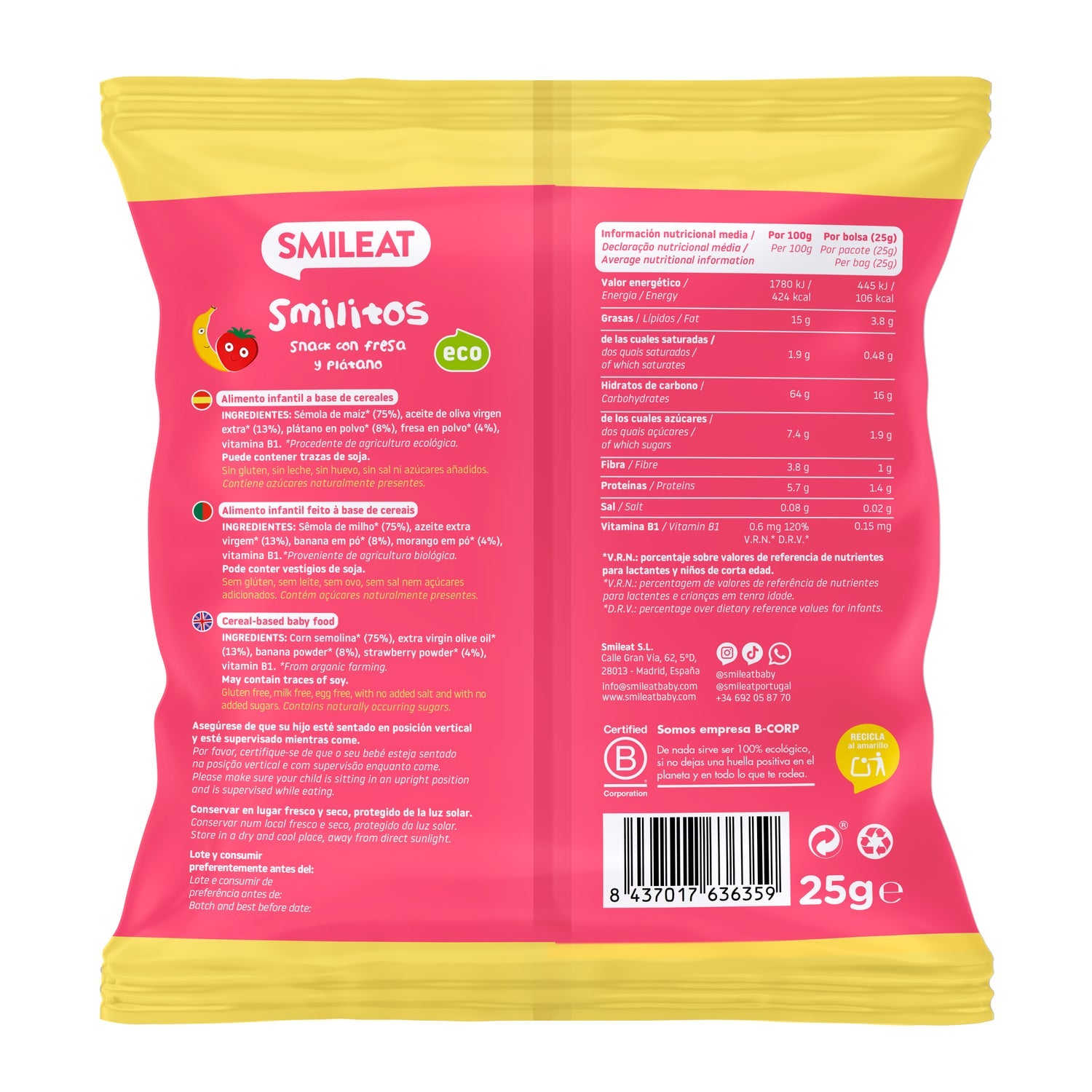 Smileat Smilitos Gusanitos Ecológicos de Fresa y Plátano 25g