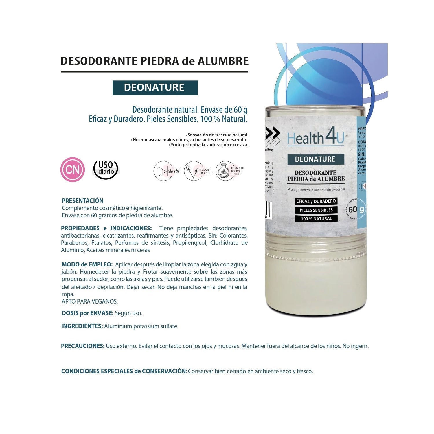 H4U Deonature Desodorante Piedra de Alumbre 60g