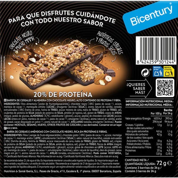 Bicentury Barrita Proteica Choc Negro Cereales Frutos Secos 72g