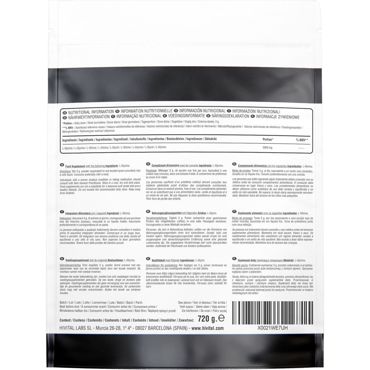 HIVITAL Glicina pura 3000 mg 720 g