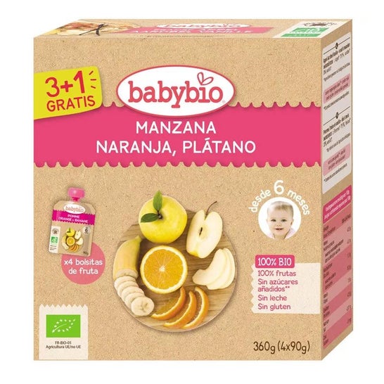 BabyBio Puré Manzana Naranja Plátano Bio 4x90g