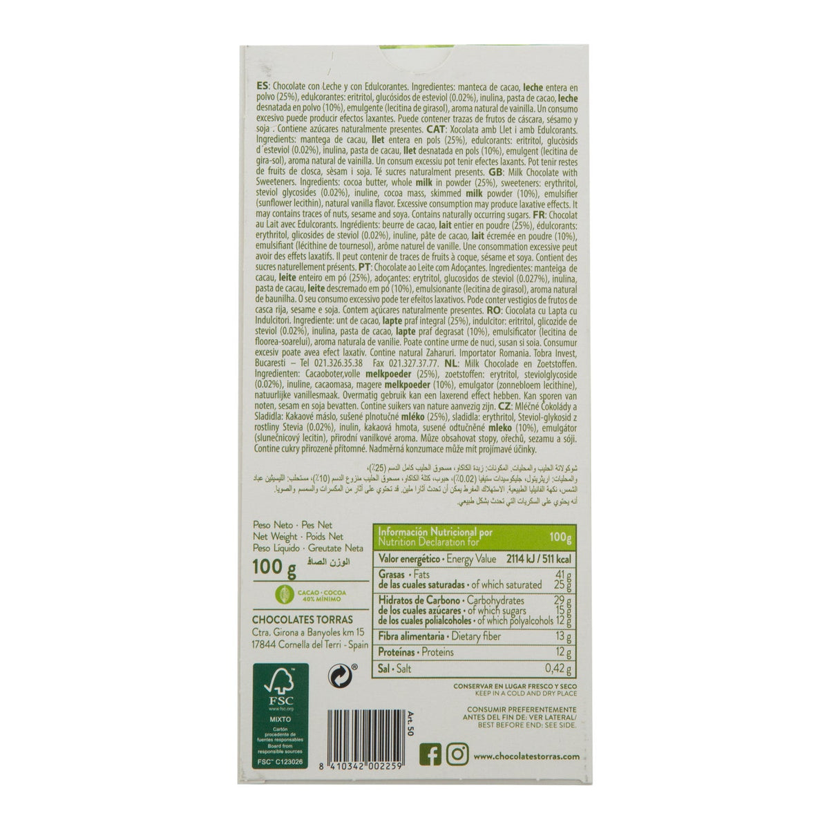 Torras Chocolate Leche con Stevia sin Gluten 75g