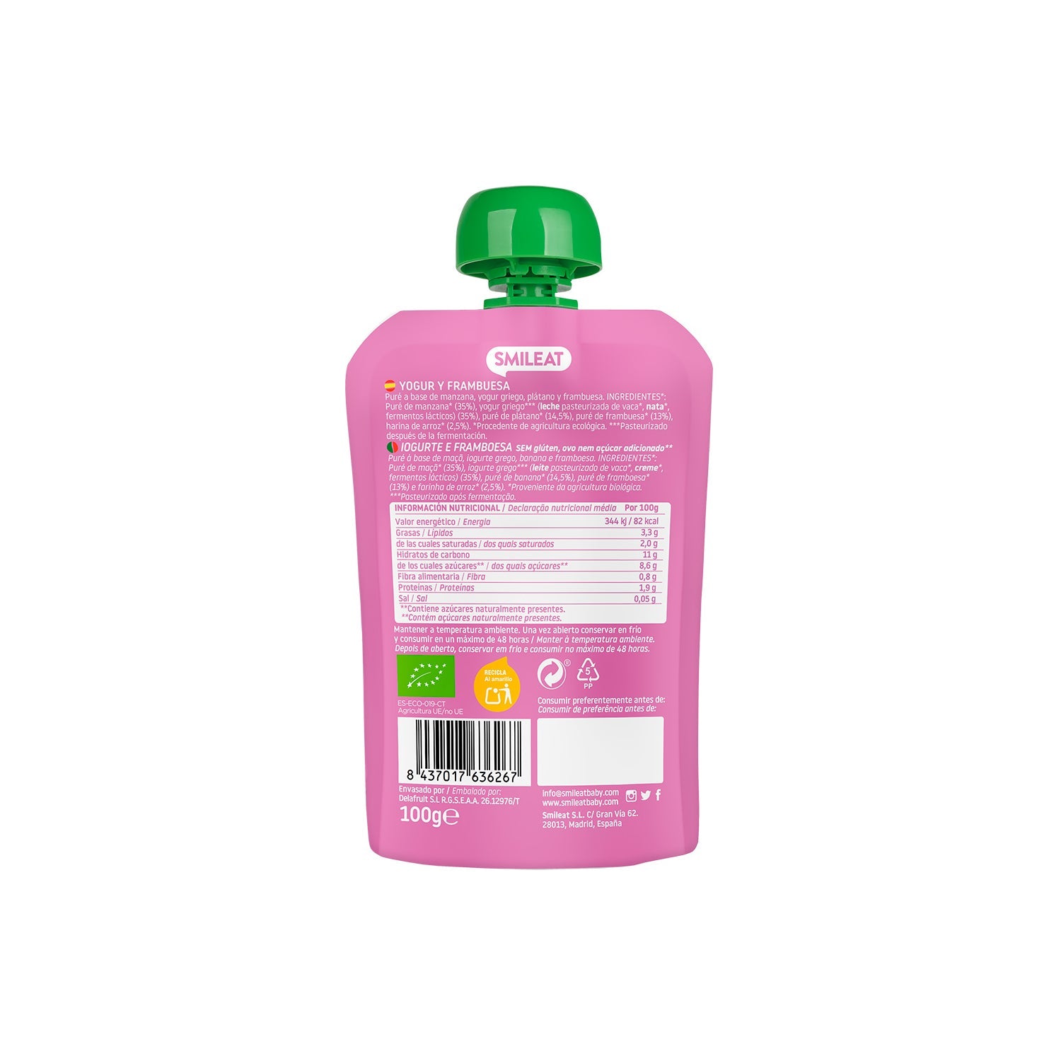Smileat Pouch Ecológico de Yogur y Frambuesa 100g