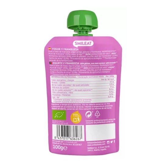 Smileat Pouch Ecológico de Yogur y Frambuesa 100g