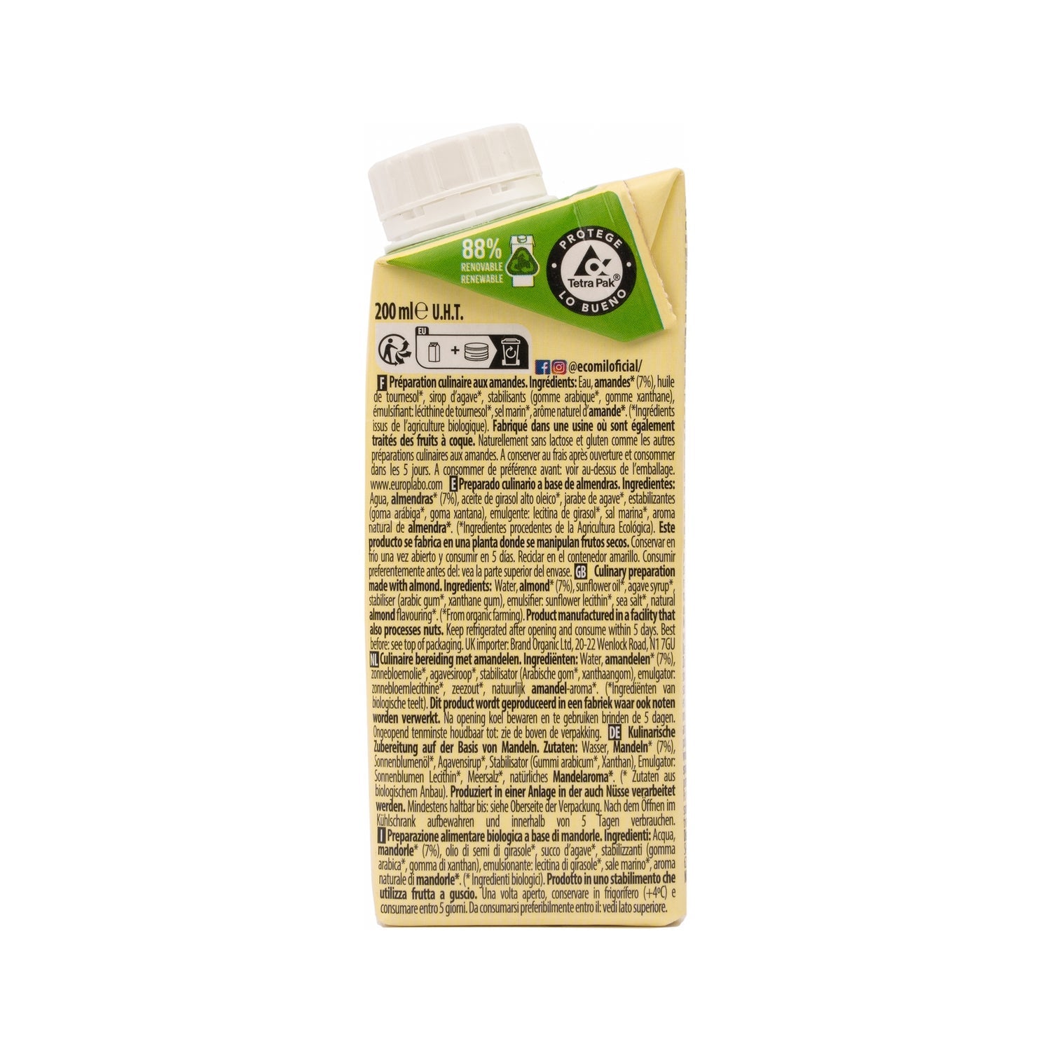 Ecomil Leche Ecológica De Almendra Para Cocinar 200 Ml