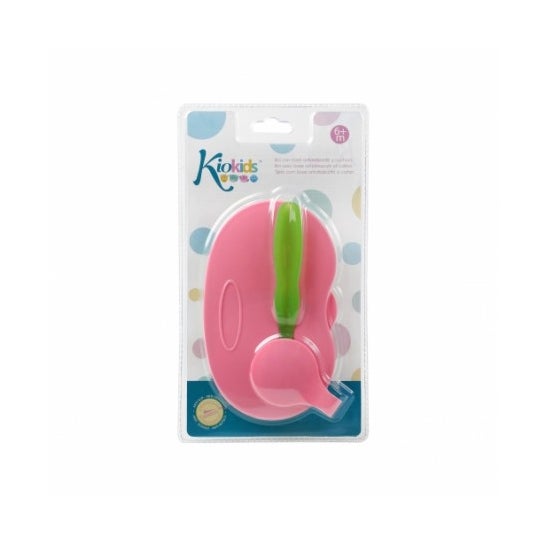 Kiokids Cuenco Doble Antideslizante con Cuchara Rosa Verde 1ud