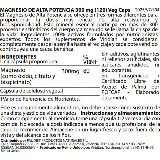 Viridian Magnesio Alta Potencia 300mg 120caps