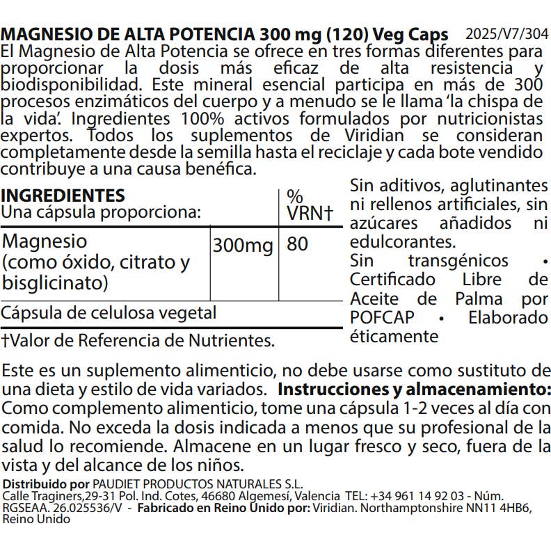Viridian Magnesio Alta Potencia 300mg 120caps