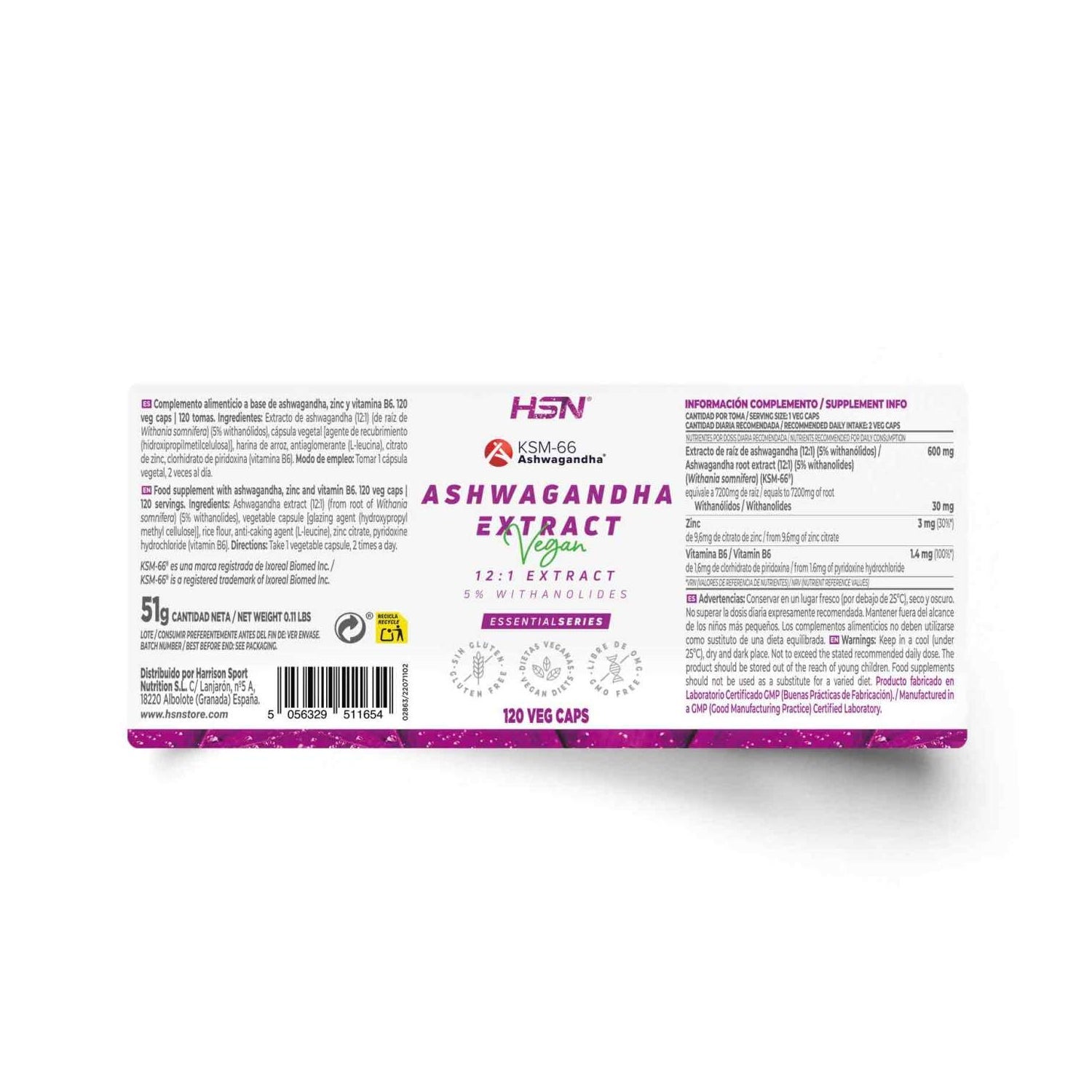 HSN Extracto de Ashwagandha KSM-66® 12:1 600mg 120vcaps
