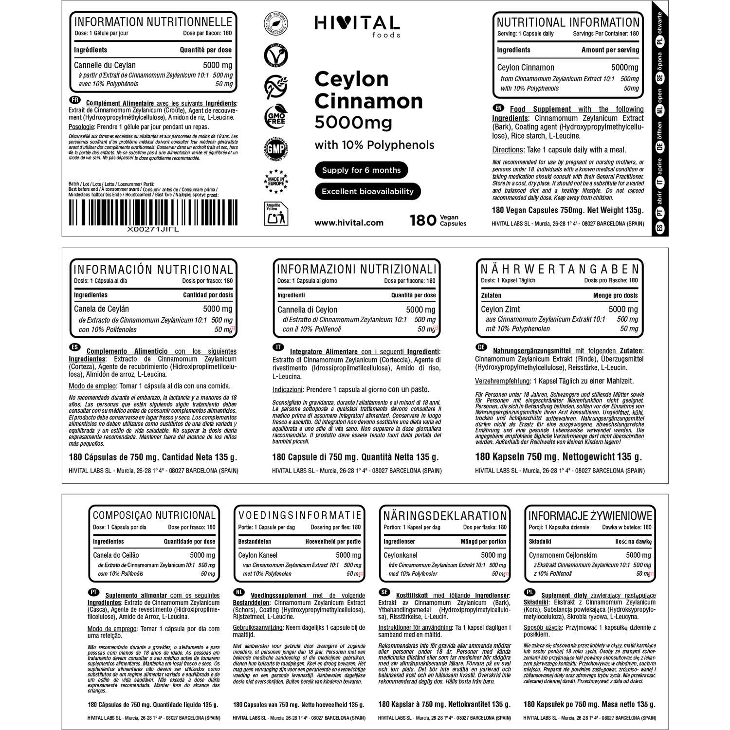 HIVITAL Canela de Ceylán 5000 mg 180 cáps