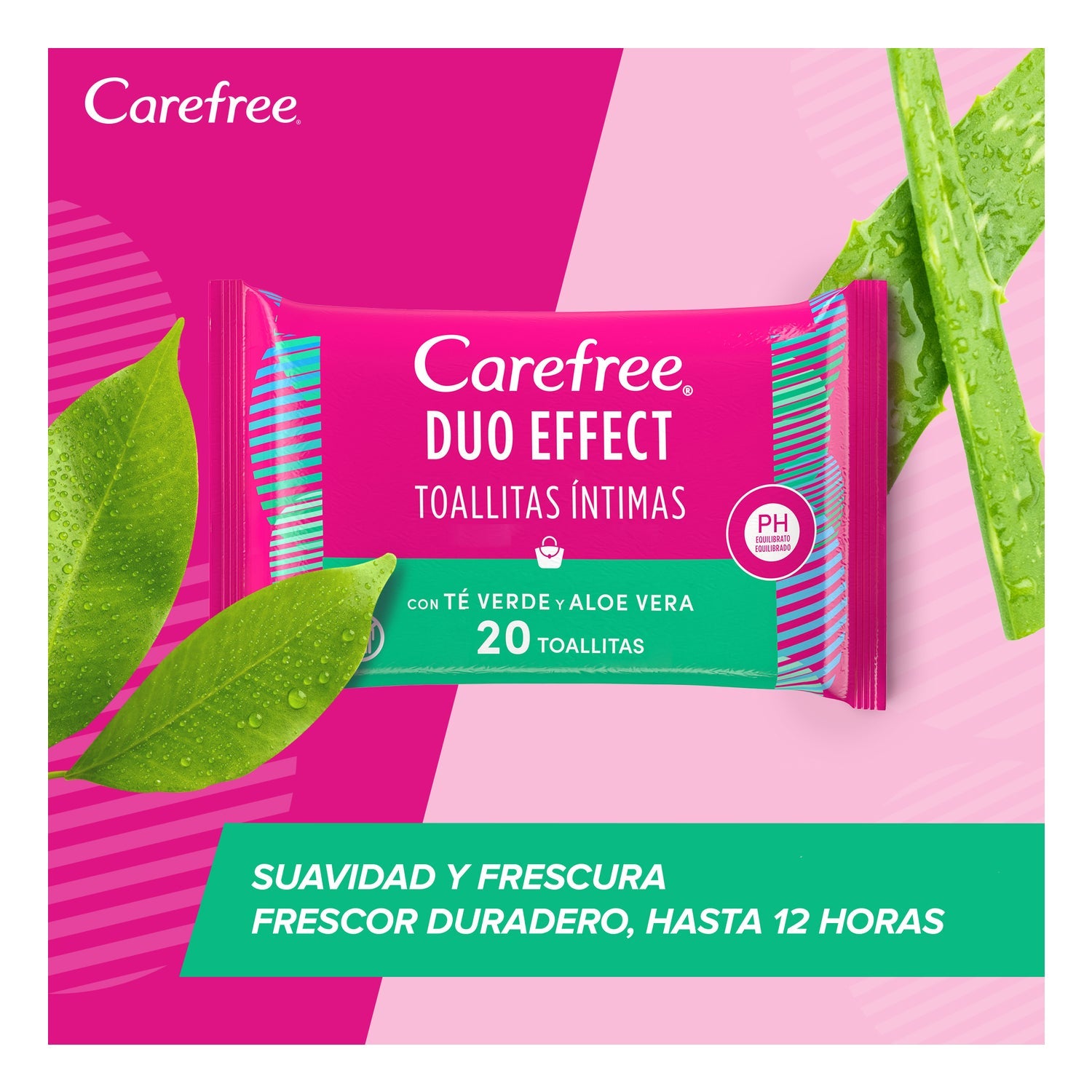 Carefree Duo Effect Toallitas Íntimas con Té Verde y Aloe Vera 20uds