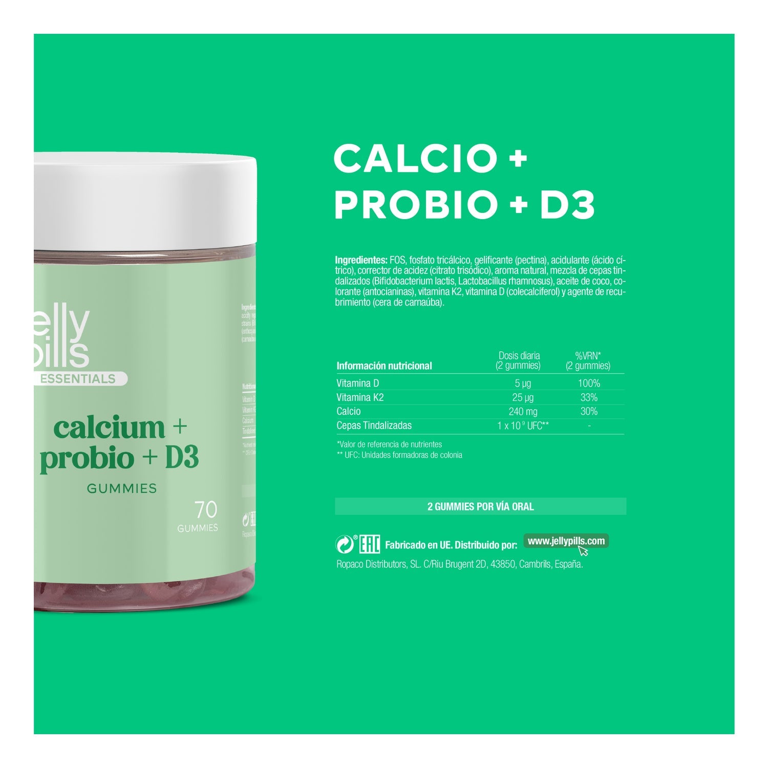 Jelly Pills® Essentials Calcio + Probio + B3 Gummies 70uds