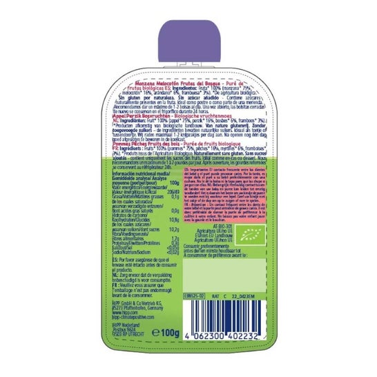 Hipp Pouches Melocotón Manzana y Frutos Bosque 100g
