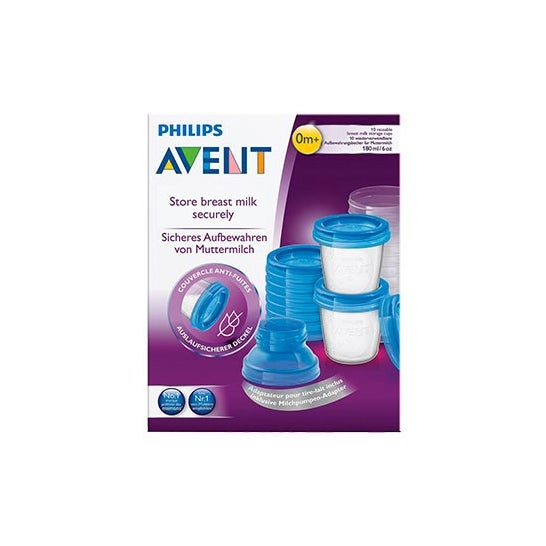 Avent Vasos de Almacenamiento con Tapa 10 X180 ml + Adaptadores 2 uds