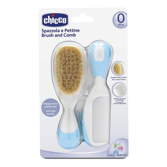 Chicco Pack Cepillo y Peine de Pelo Natural Azul 0m+