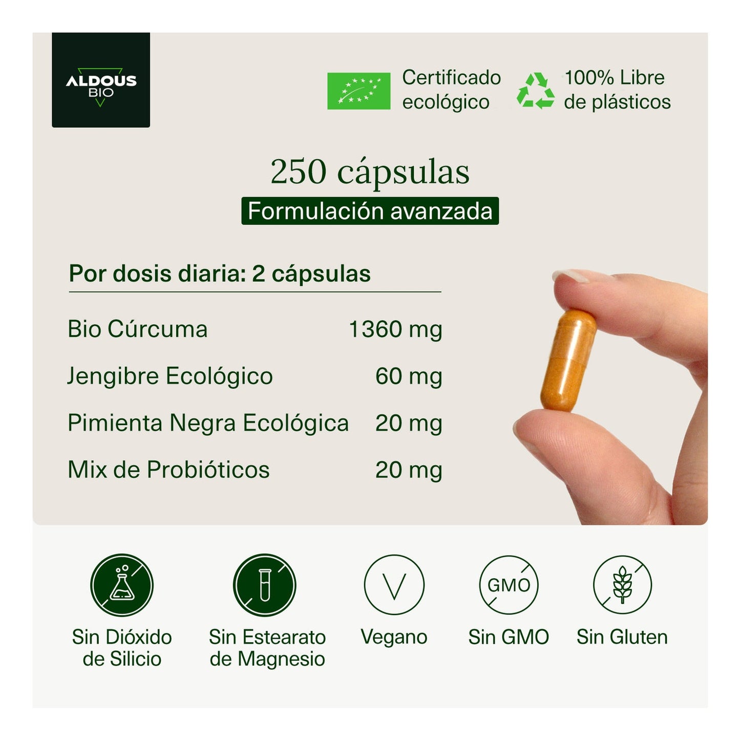 Aldous Bio Cúrcuma Jengibre & Pimienta Negra + Probióticos 250caps