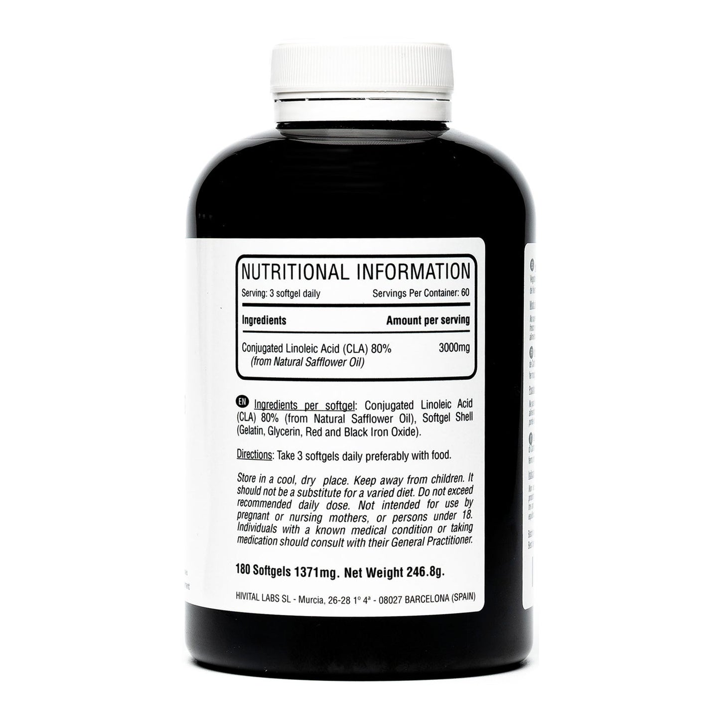 Hivital Foods CLA Ácido Linoleico Conjugado 3000 mg por dosis 180 perlas de Aceite Vegetal de Cártamo (2 meses)