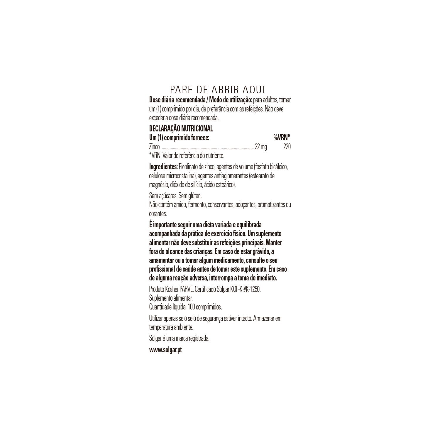 Solgar Picolinato de Zinc 22mg 100comp