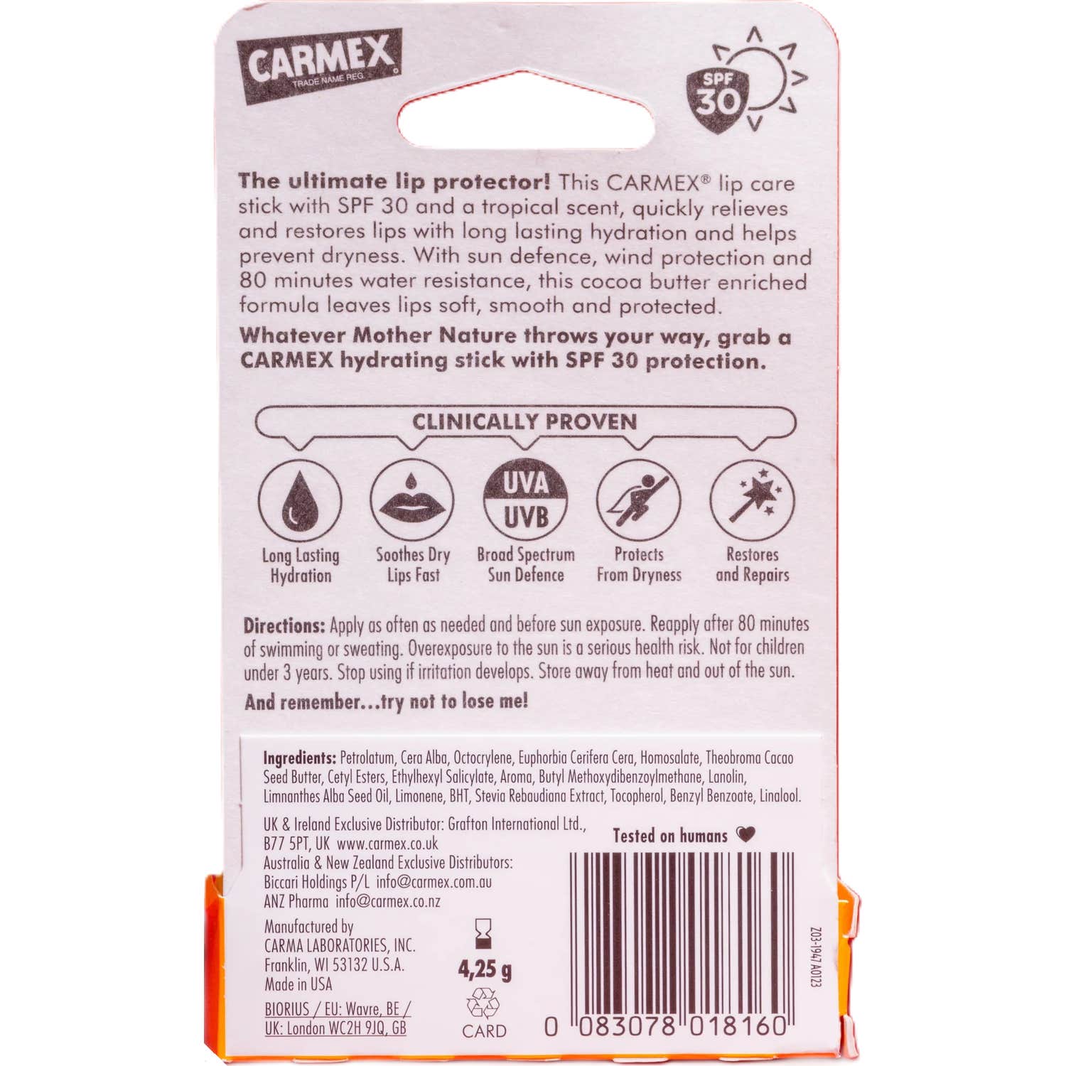 Carmex Tropical Bálsamo Labial Hidratante Stick Spf30 4,25g