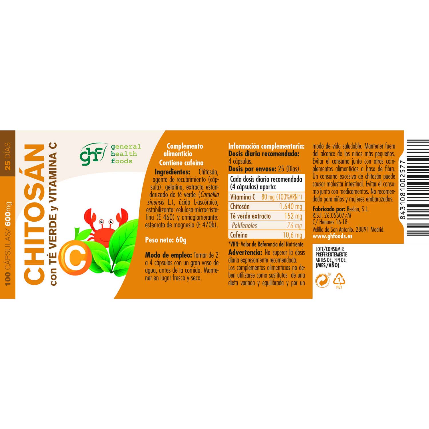 GHF Chitosán + Té Verde + Vitamina C 600mg 100cáps