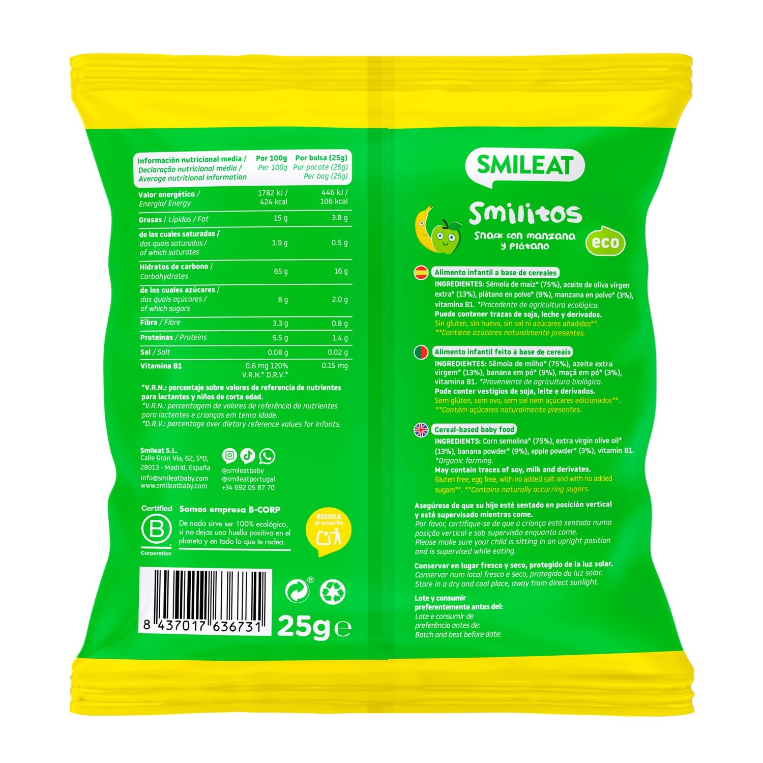 Smileat Smilitos Gusanitos Ecológicos de Manzana y Plátano 25g