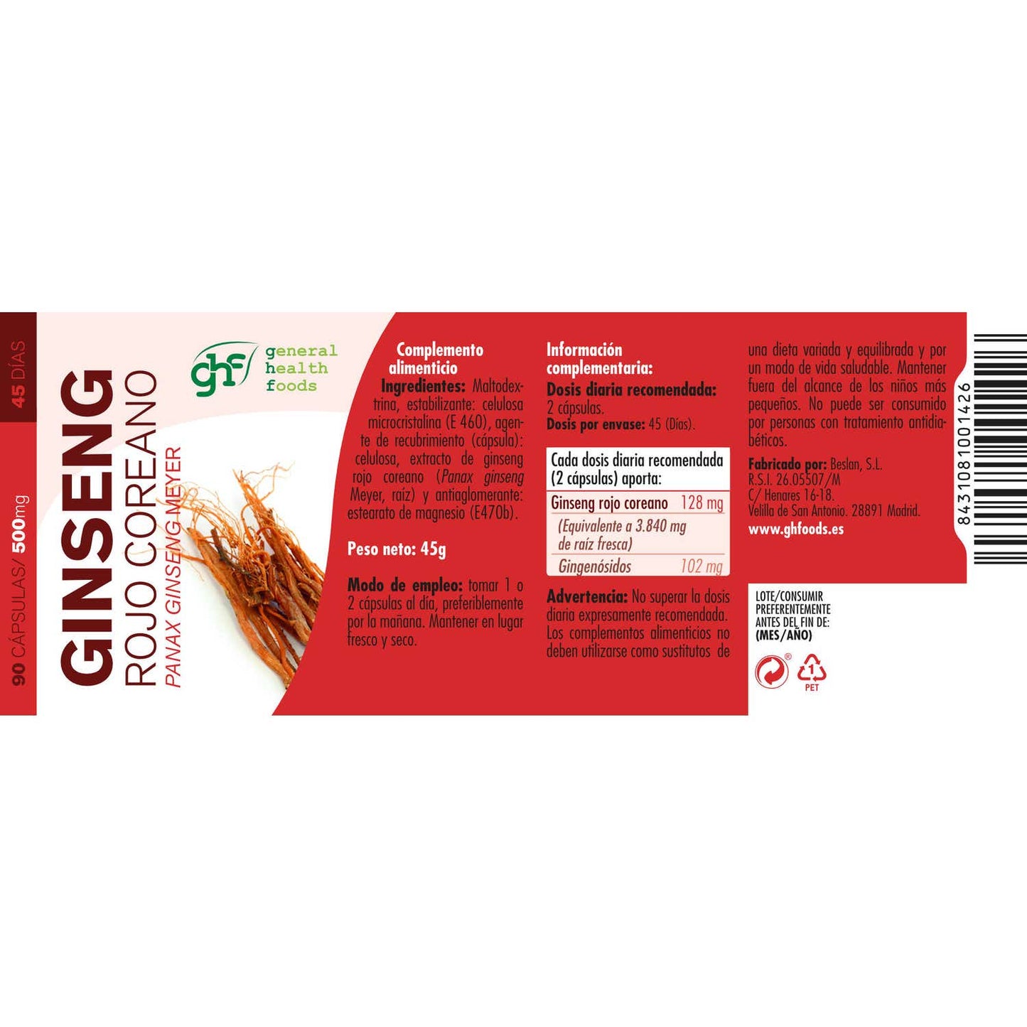 GHF Ginseng Rojo Coreano 500mg 90cáps