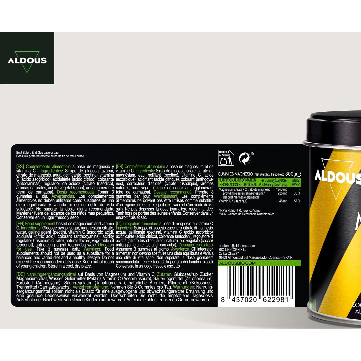 Aldous Bio Citrato Magnesio Gummies 1340mg + Vitam C 45mg 120uds
