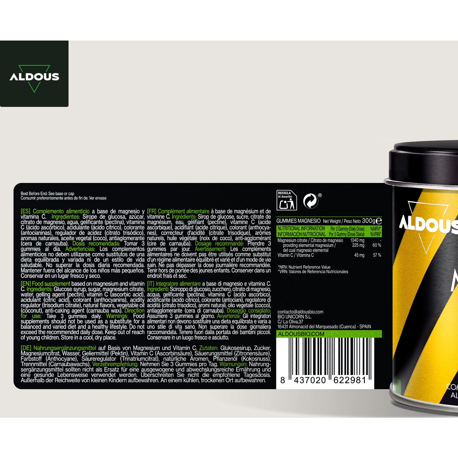 Aldous Bio Citrato Magnesio Gummies 1340mg + Vitam C 45mg 120uds