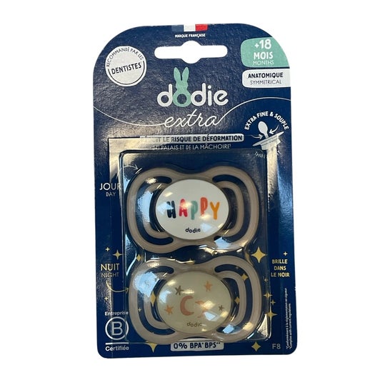 Dodie Extra Chupete Anatómico +18M F8 Fino Día Noche 2 uds
