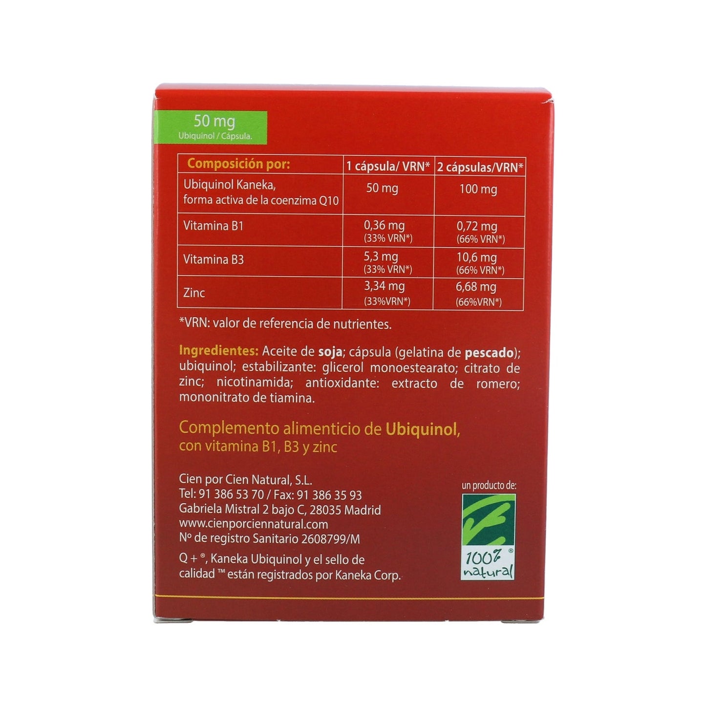 100% Natural Quinol 10 90cápsulas de 50mg de Ubiquinol