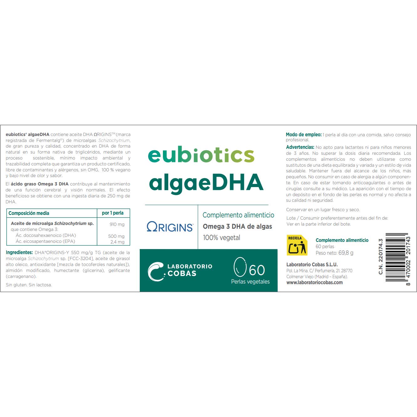 Eubiotics algaeDHA 60 Perlas