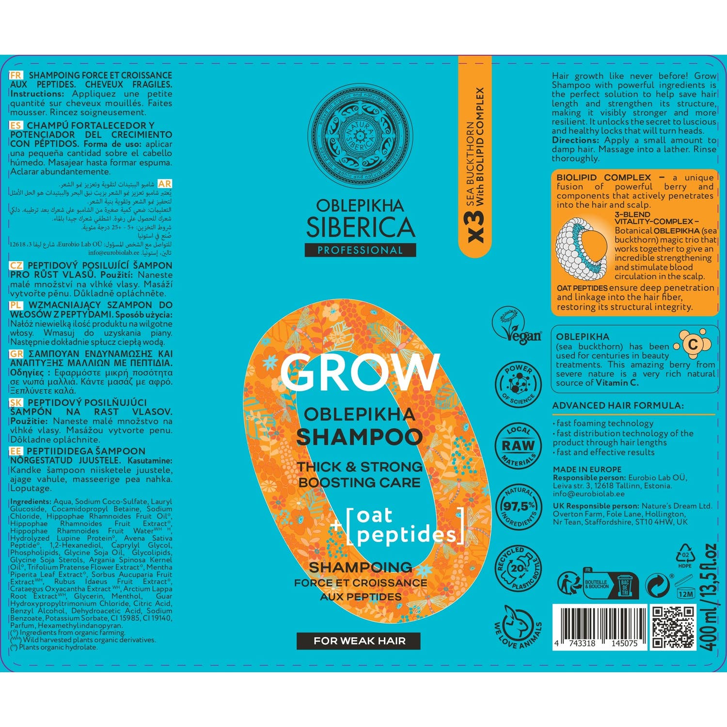 Natura Siberica Oblepikha Champú Fortalecedor Crecimiento 400ml