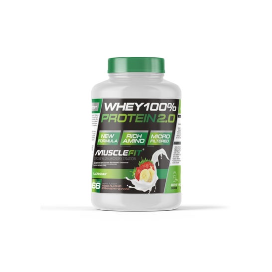 MuscleFit WHEY 100% Protein Creación de Músculo Sabor Fresa y Plátano 2 kg