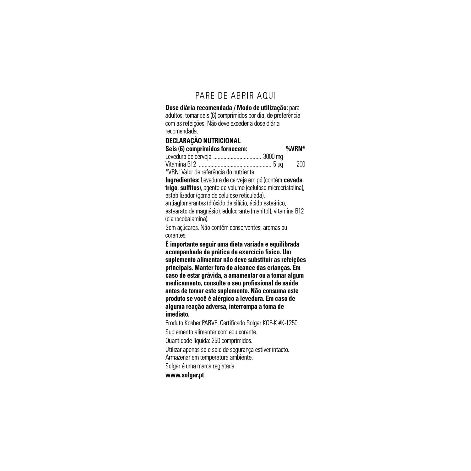 Solgar Levadura de Cerveza con Vitamina B12 250comp