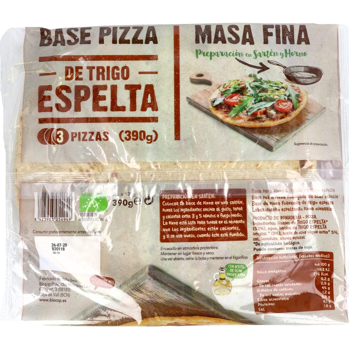 Biocop Base de Pizza de Trigo Espelta Masa Fina 390g