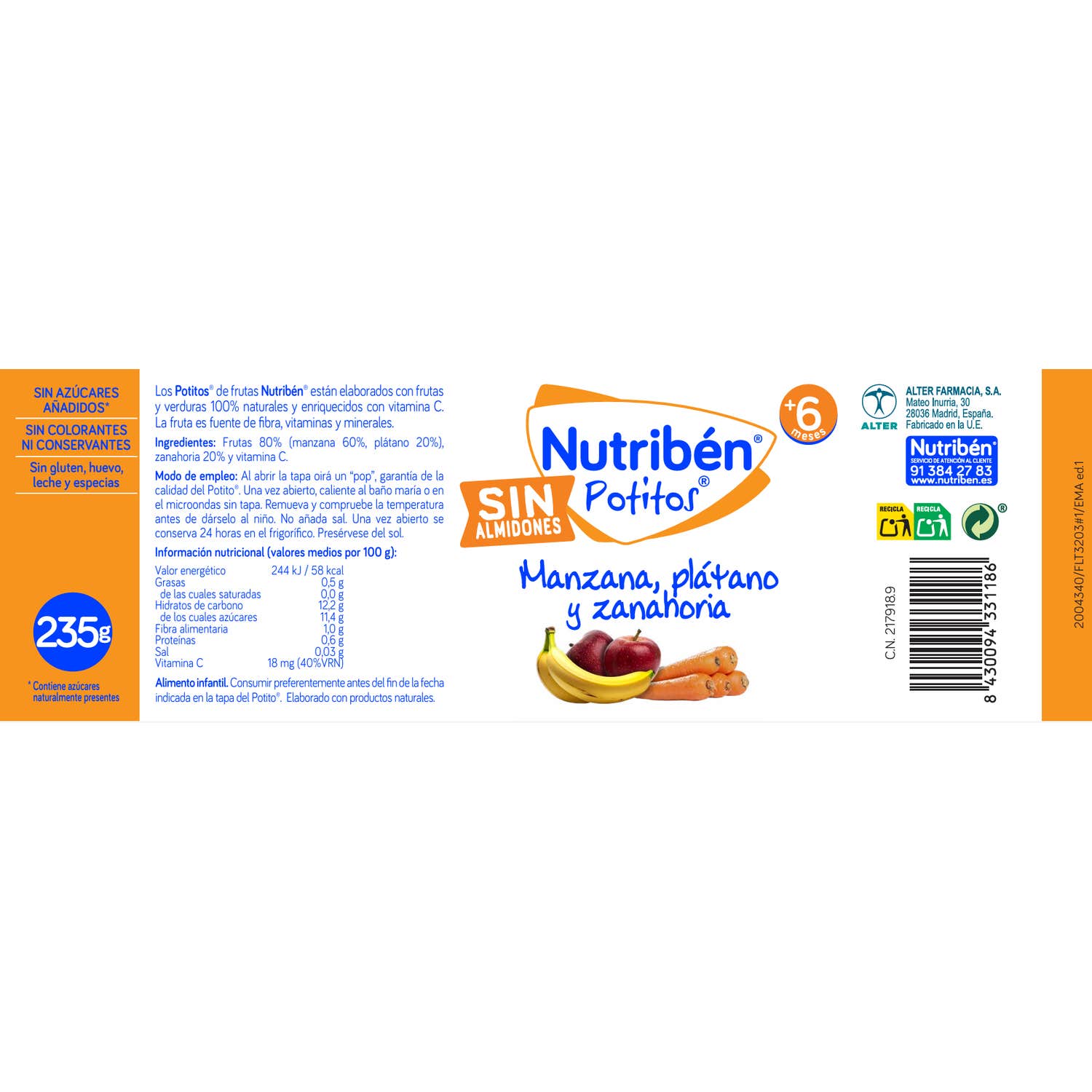 Nutribén Potitos manzana, plátano y zanahoria 1 potito 235g