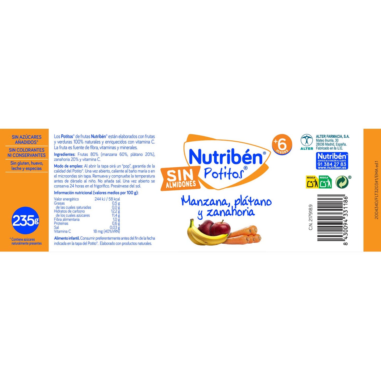 Nutribén Potitos manzana, plátano y zanahoria 1 potito 235g