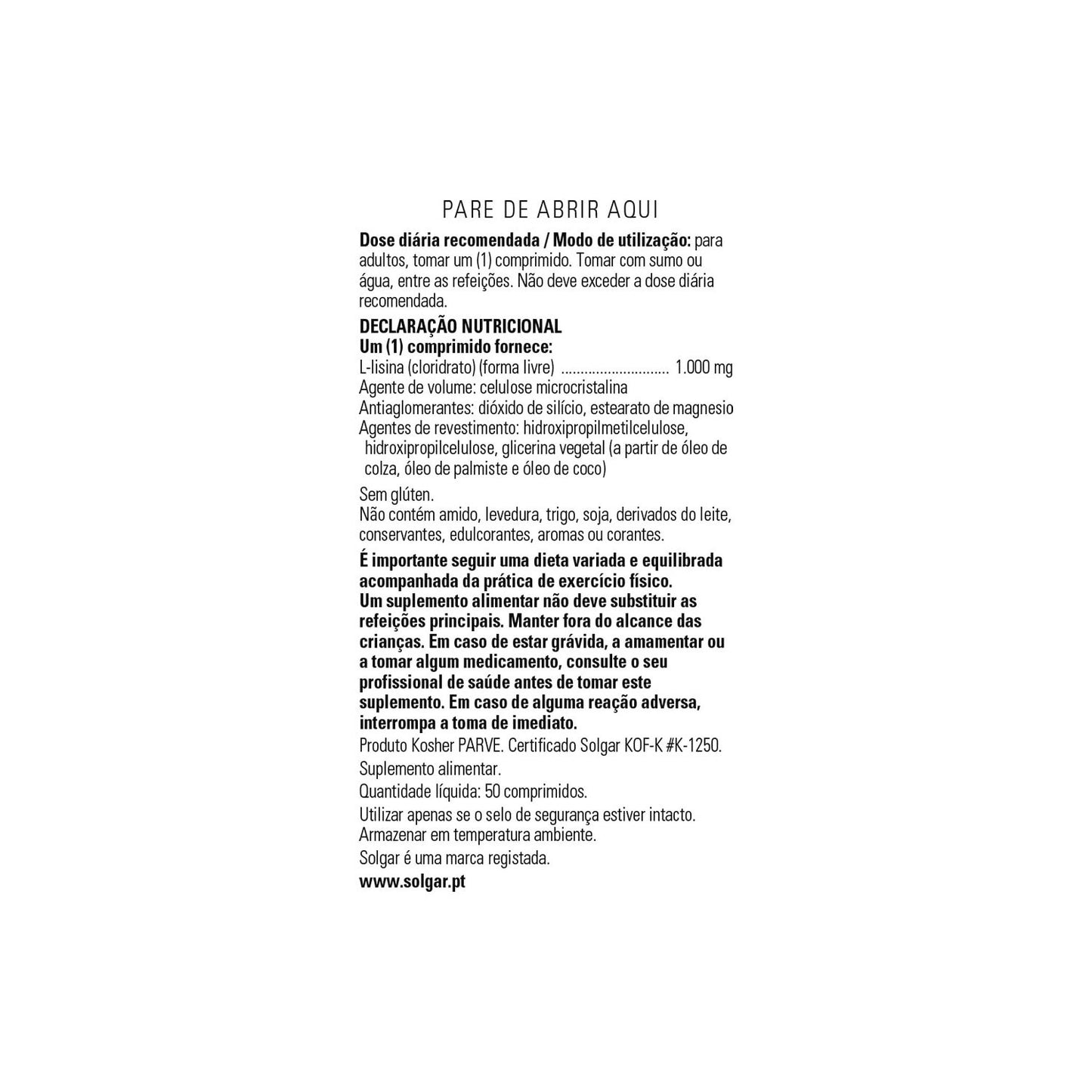 Solgar L-Lisina 1000mg Forma Libre 50comp