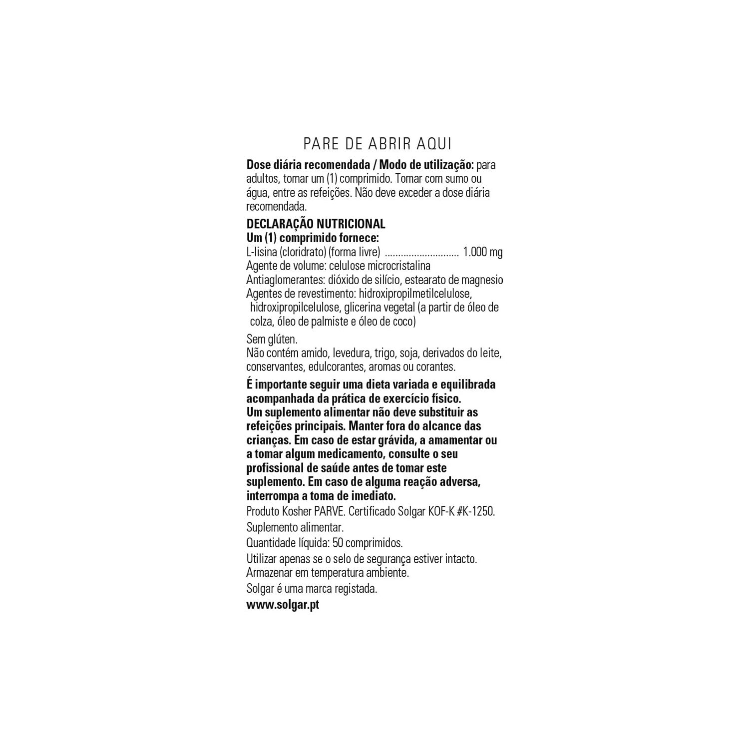 Solgar L-Lisina 1000mg Forma Libre 50comp