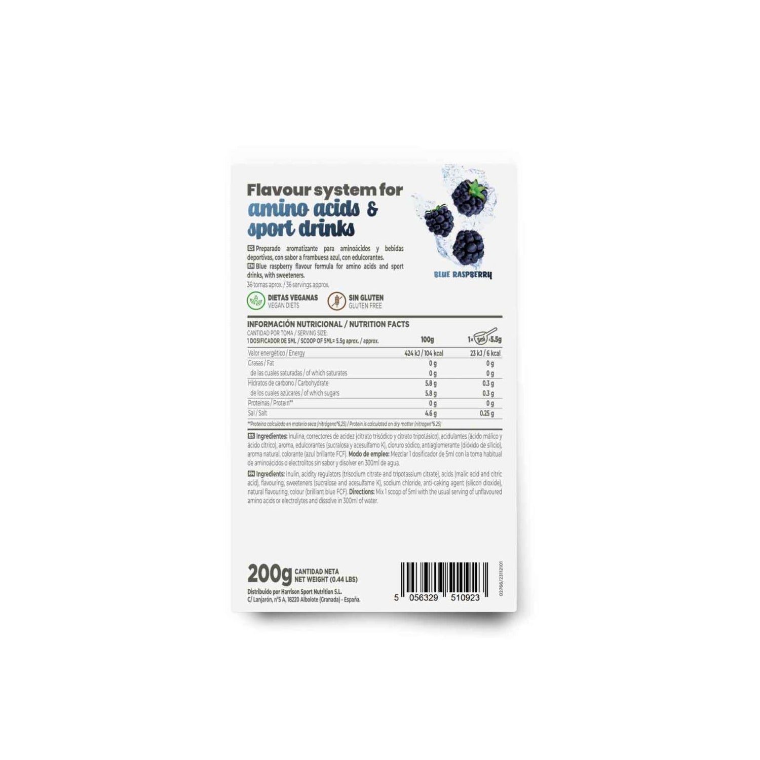HSN Saborizante en Polvo para Aminoácidos y Bebidas Deportivas Frambuesa Azul 200g