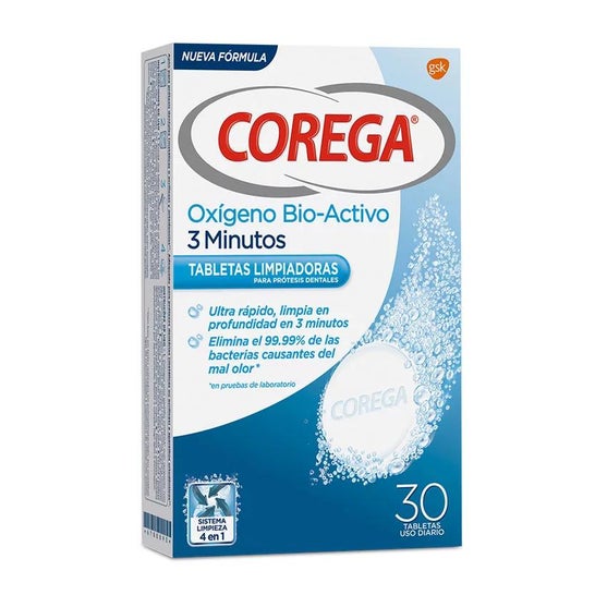 Corega Oxígeno Bio Activo 3 Minutos 30 tabletas limpiadoras