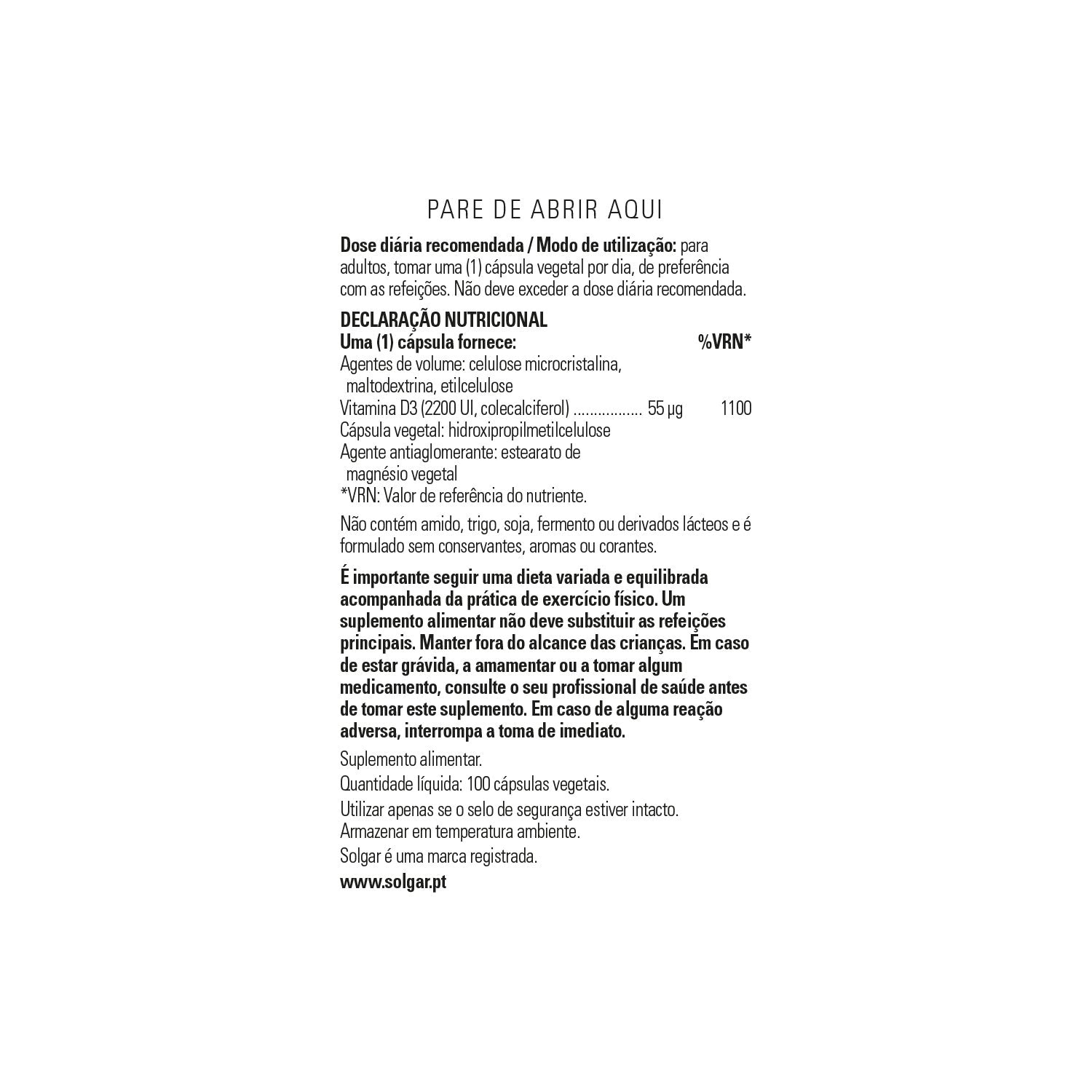 Solgar Vitamina D3 Colecalciferol 2200 UI 55 mcg 100 vcaps