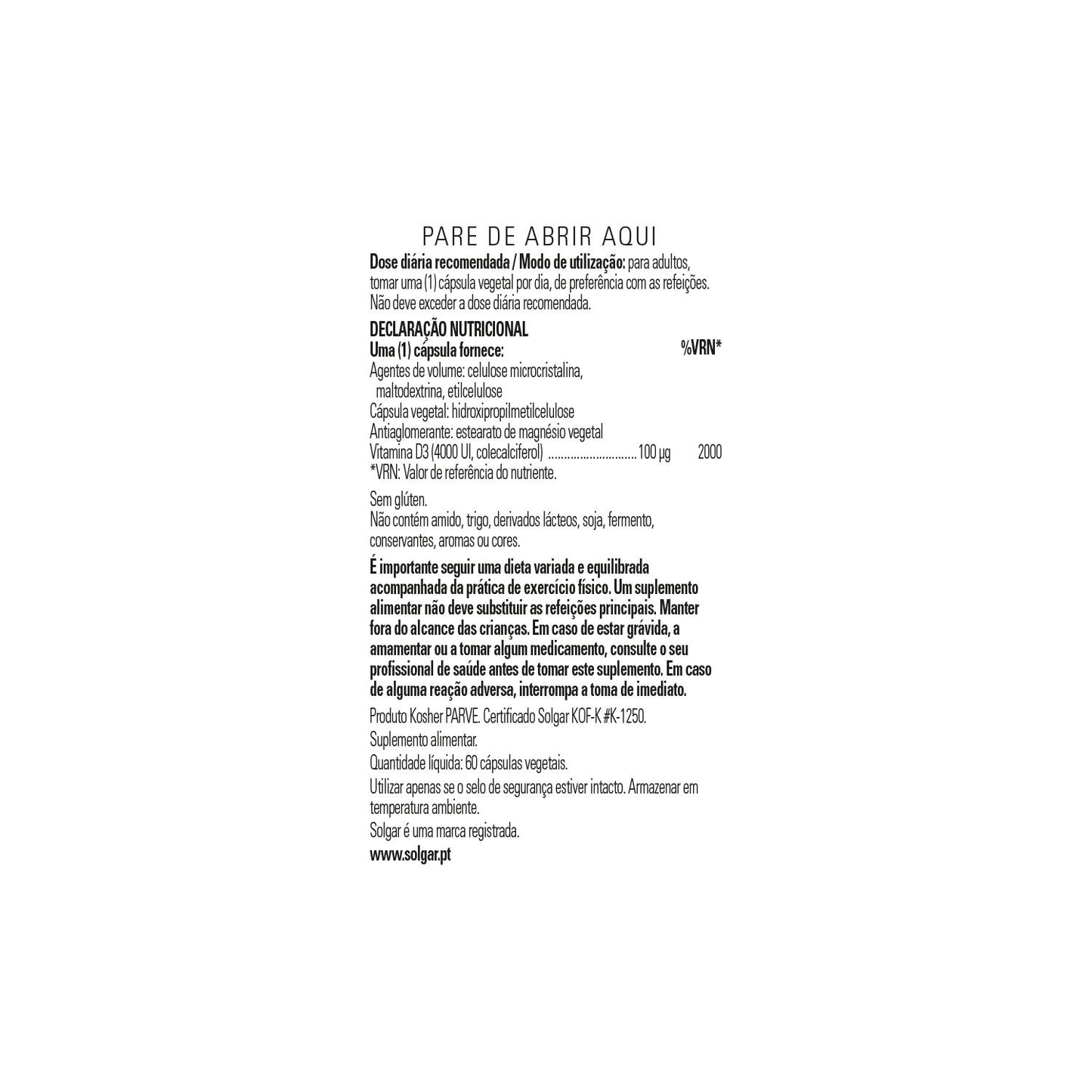 Solgar Vitamina D3 Colecalciferol 4000 UI 100 mcg 60 vcaps