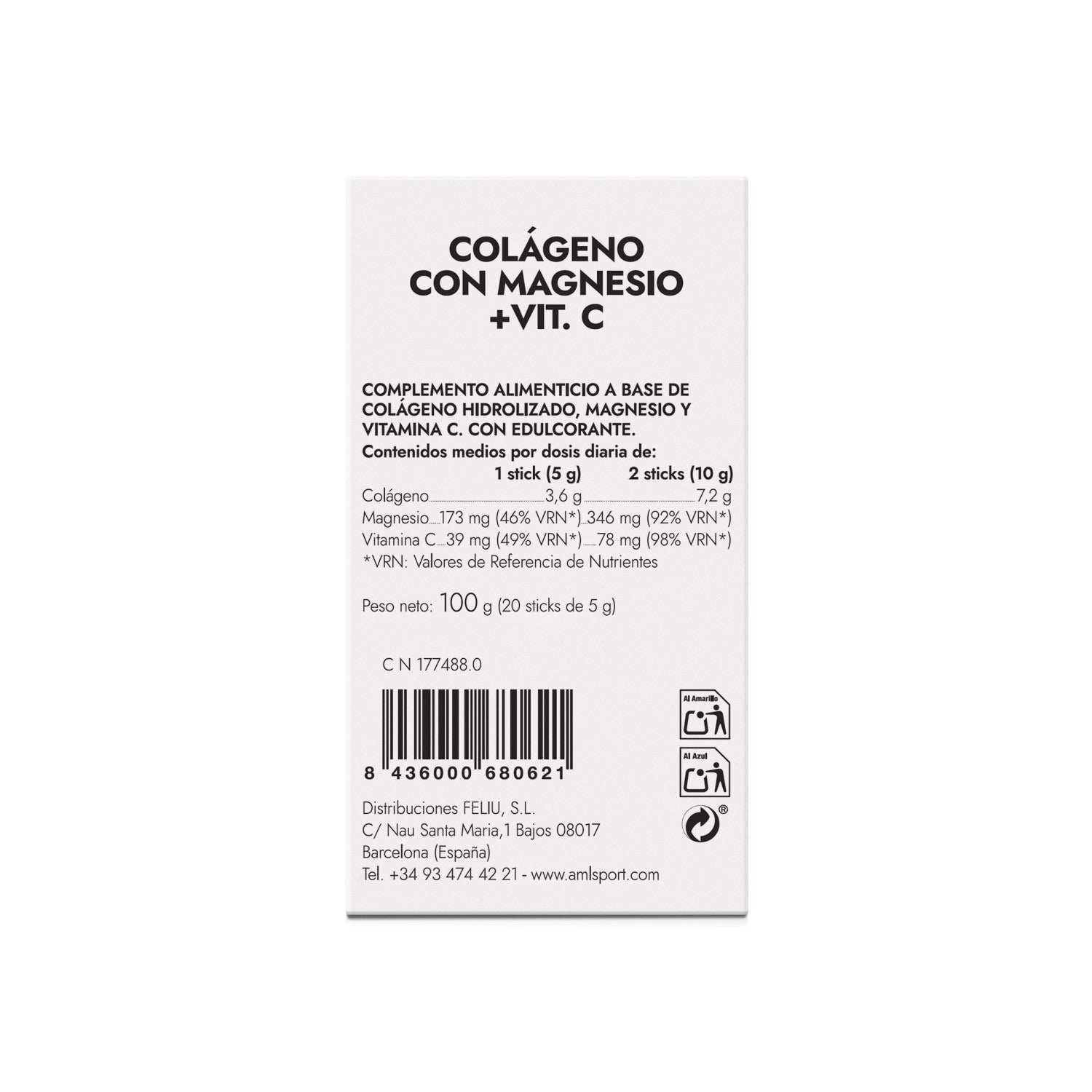 Amlsport Colágeno con Magnesio y Vitamina C Sabor Fresa 20sticks