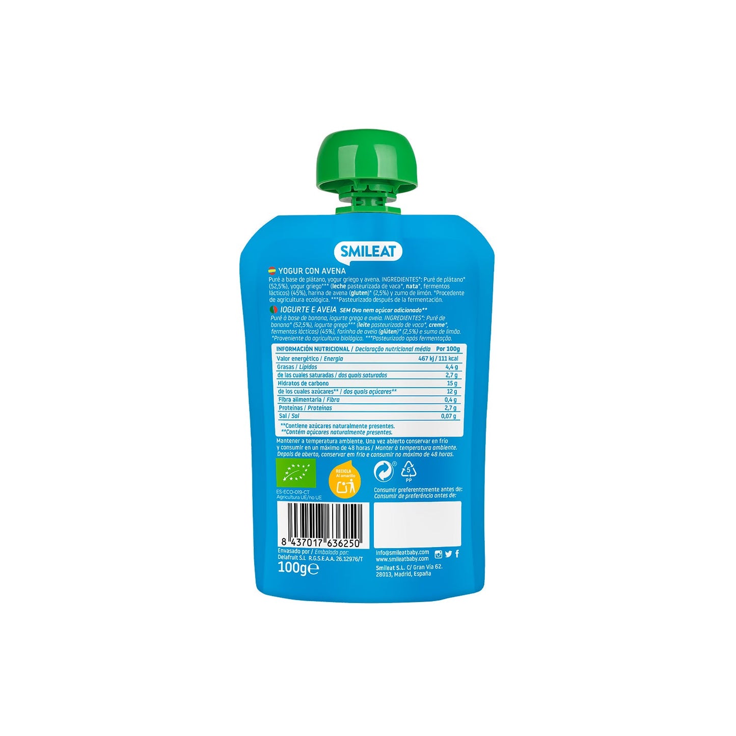Smileat Pouch Ecológico de Yogur y Avena 100g