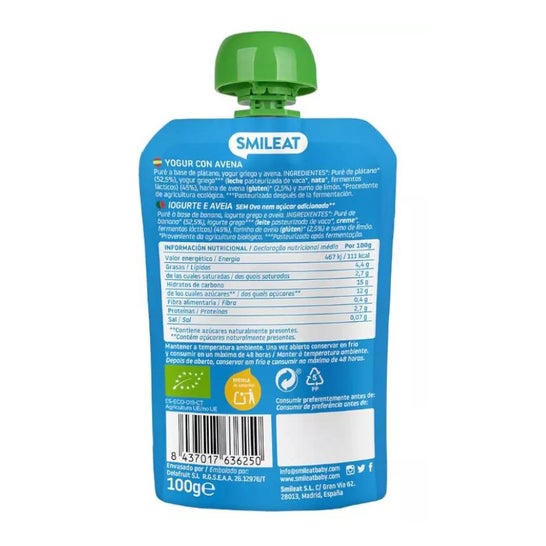 Smileat Pouch Ecológico de Yogur y Avena 100g
