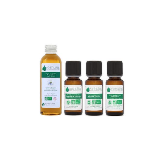 Voshuiles Kit Masaje Espalda Aceite Esencial BIO 3x10 ml + Vegetal BIO 50 ml